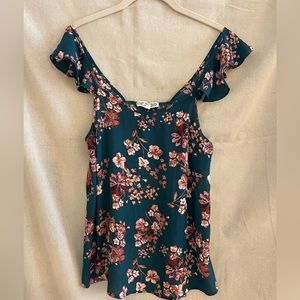 Pink Rose Medium floral shirt. Green/Teal with pink flowers. Smoke free